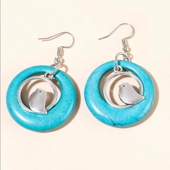 Silver Bird Turquoise Stone Hoop Drop Earrings - Picture 6 of 16